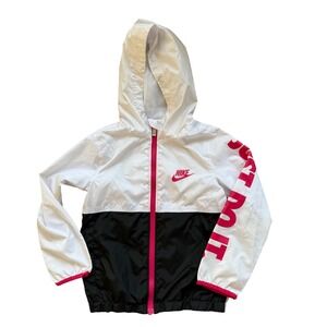 Nike Kids Girls Windbreaker Jacket White Black Pink Just Do It Hooded SZ M 5-6Y